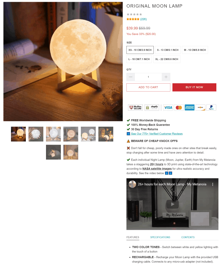 Product page of a moon lamp